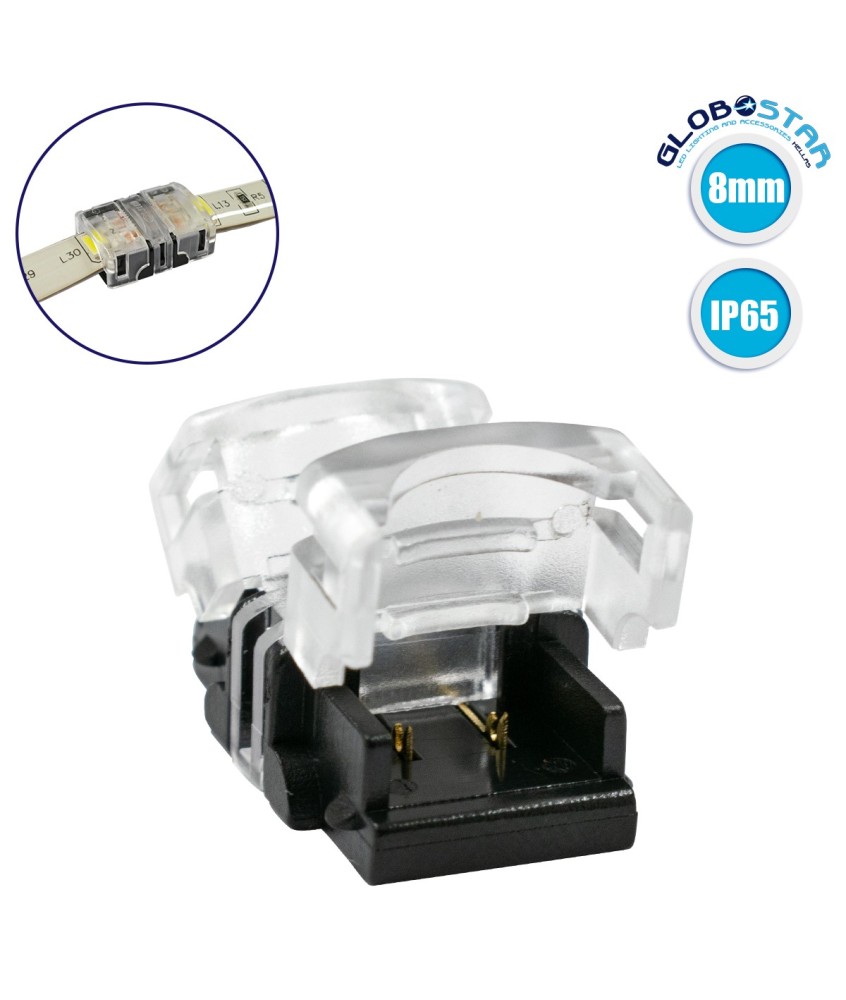 GloboStar® 70715 Αδιάβροχος Ταχυσύνδεσμος Ένωσης IP65 - Strip To Strip Connector για Ένωση 2 x Μονόχρωμες Αδιάβροχες Ταινίες LED Πλάτους 8mm